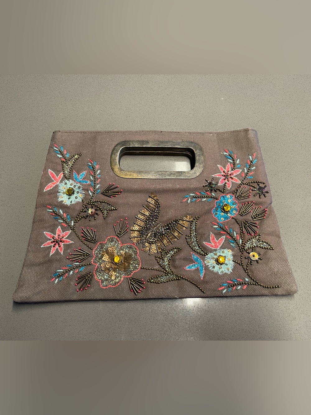 Handmade Brown Denim Embroidered Floral Clutch